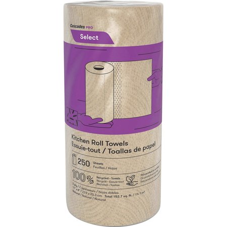 Cascades Pro Select Perforated Roll Paper Towels, 2 Ply, 250 Sheets, 166.6 ft; 8", Natural, 12 PK K251